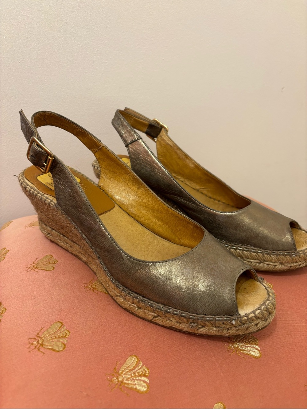 Kanna Metallic Bronze Leather Espadrille Wedge Slingback Sandals Sz 40/9.5